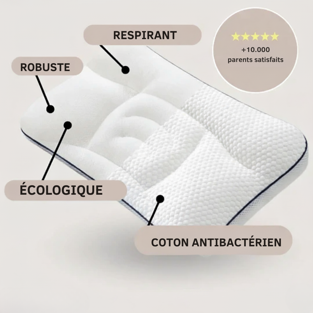 FLUFFY CLOUD - Oreiller cervical pour enfants en Coton Anti-Bactérien et Respirant.